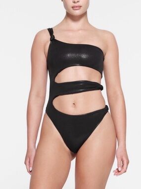 SKIMS Liquid Shine Knotted One Shoulder Monokini – Onyx – Size XL